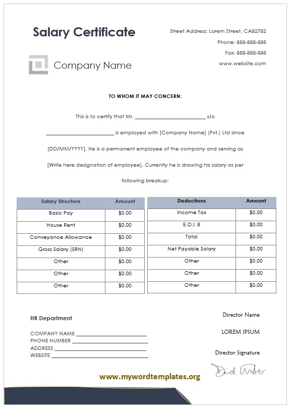 Salary Certificate Template 03