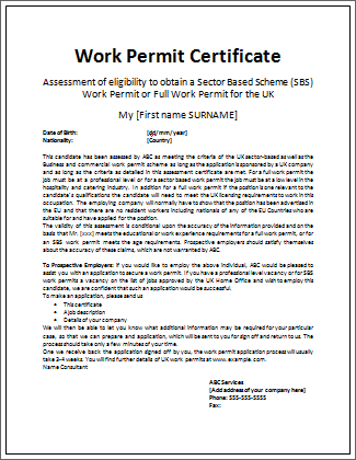 Work permit certificate template