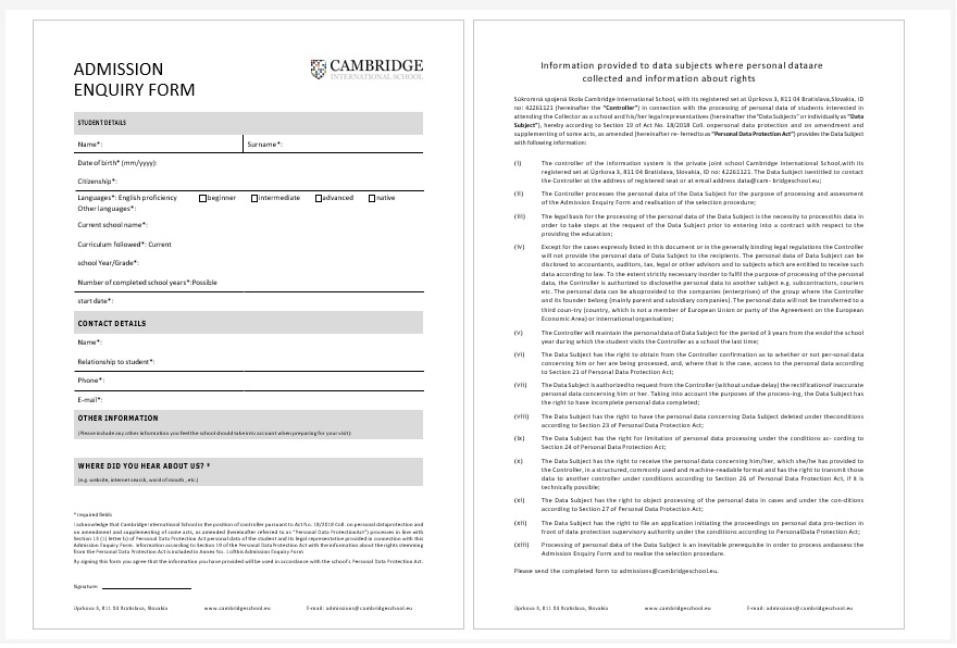 Cambridge admission form