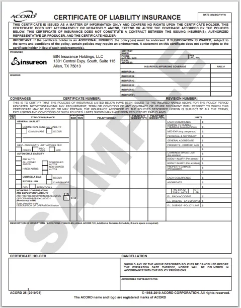Acord certificate of liability insurance