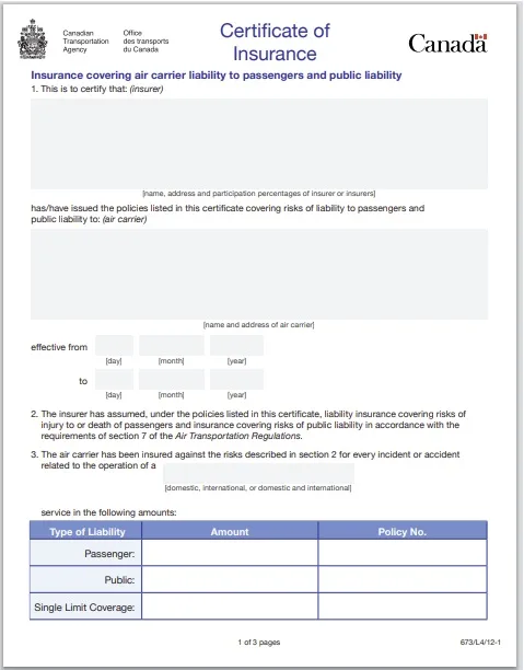 Canada insurance certificate sample