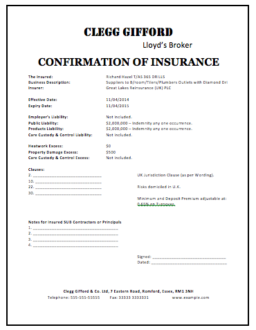 Insurance Liability Certificate Template