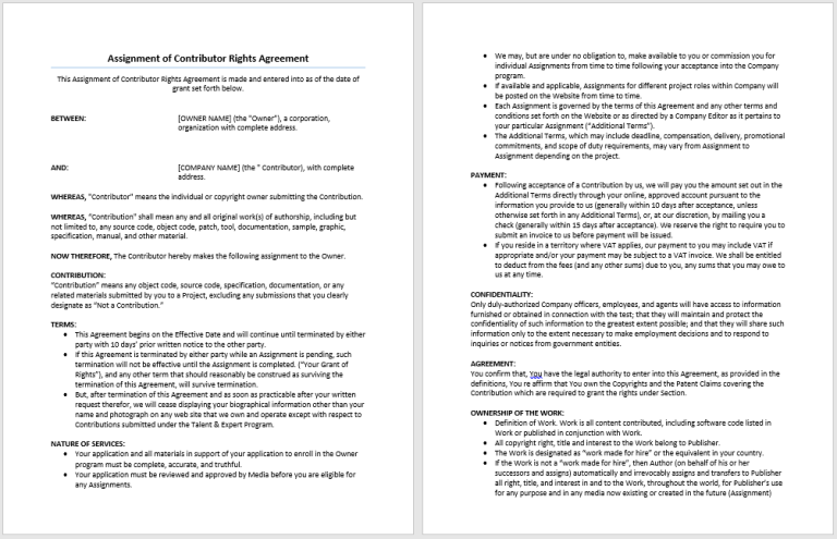 Subject Rights Assignment Assignment of Contributor Rights Agreement Template - My Word Templates