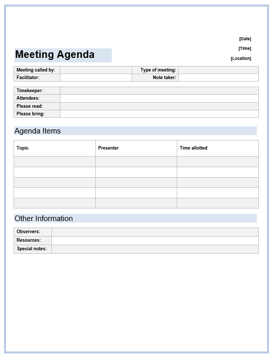 Agendas For Meetings Templates Free