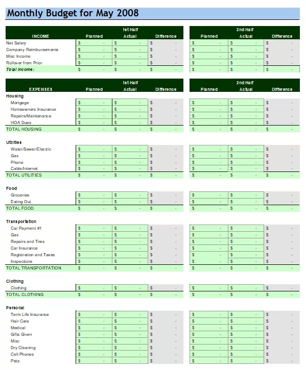 Zero-based Budget Sheet 54020