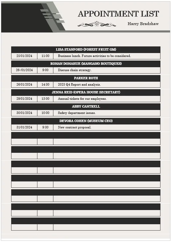 Appointment List Template