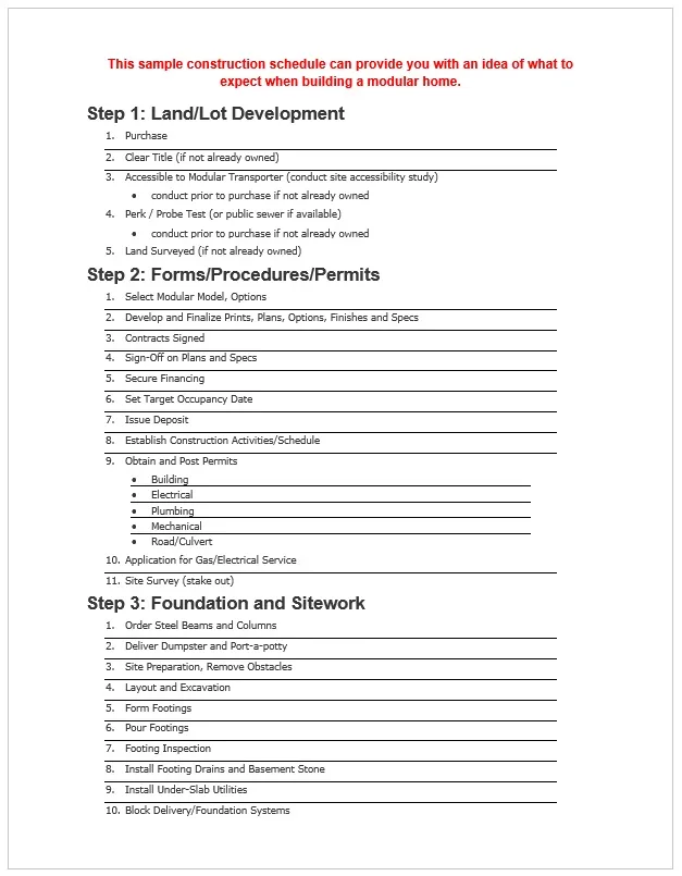 Construction Schedule for a Modular Home