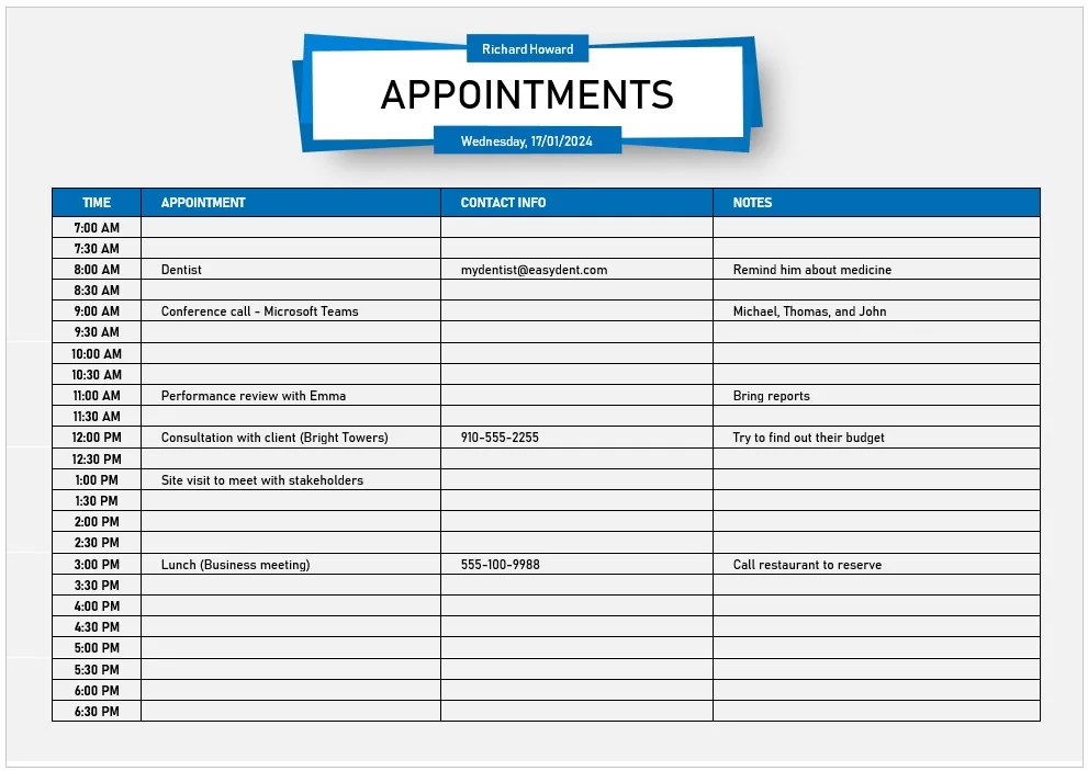 Daily Appointment Schedule Template