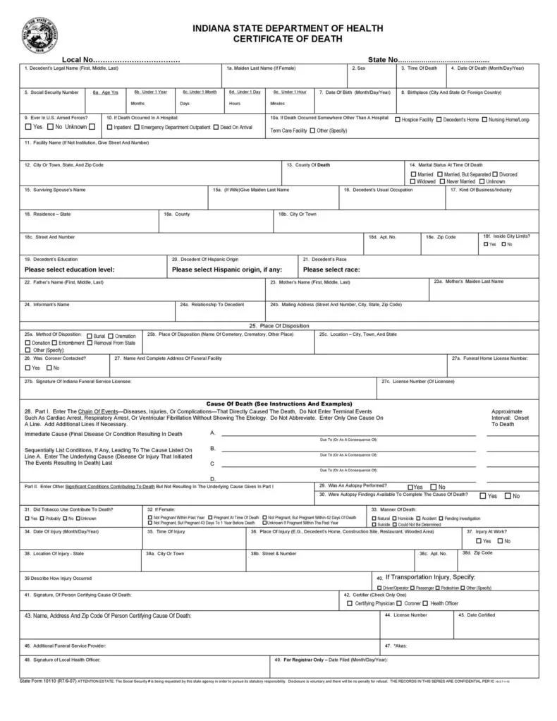 Death Certificate Template Indiana