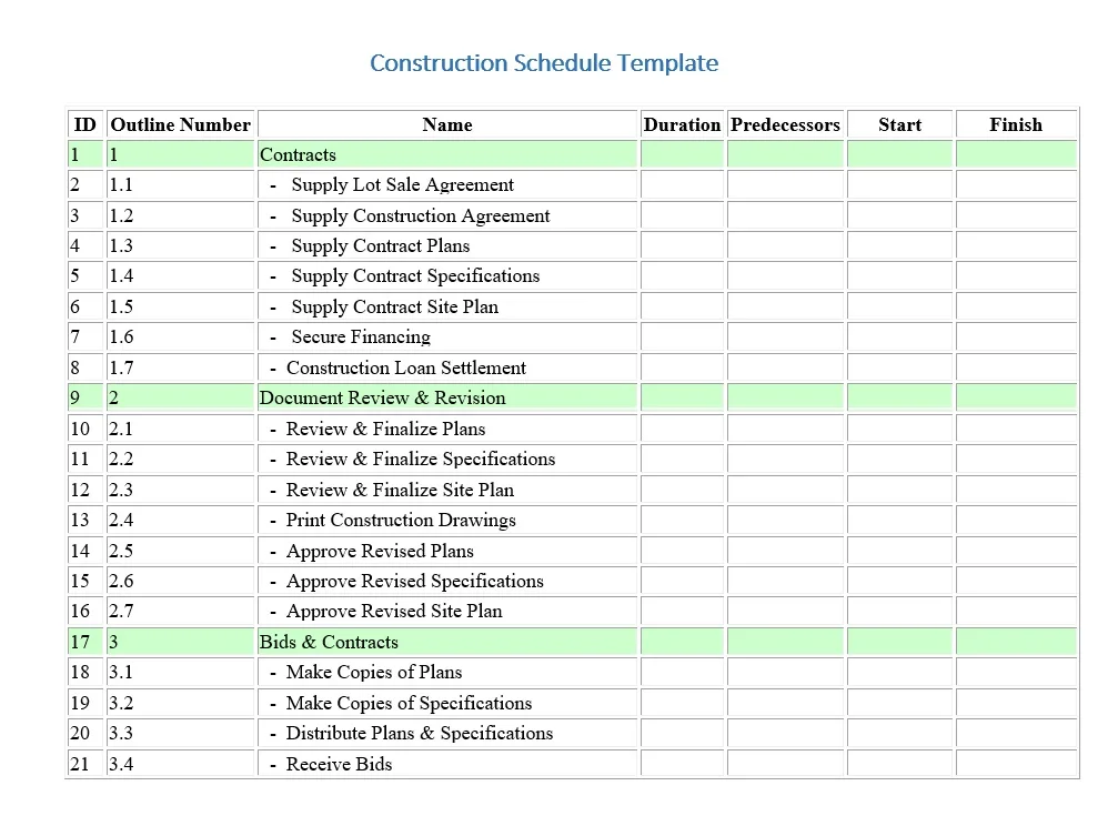 Detailed Construction Schedule Sheet