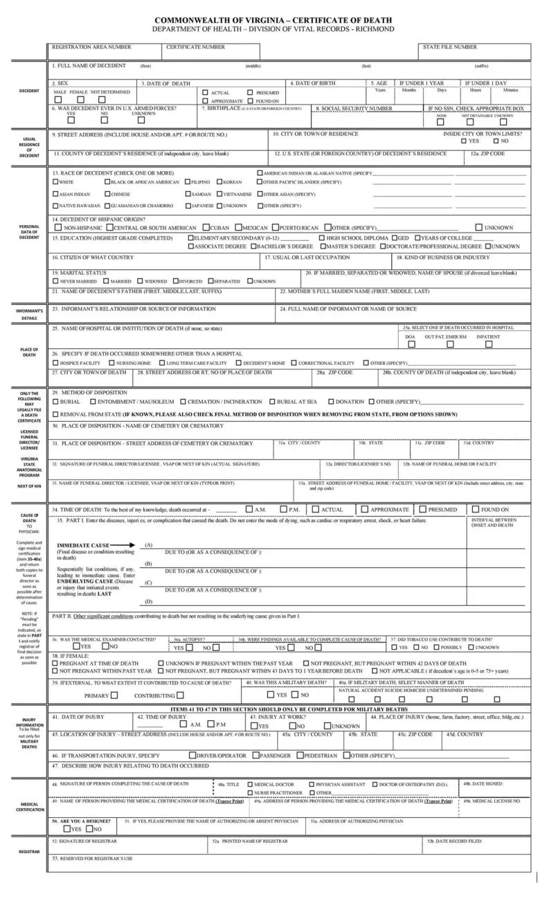Detailed Death Certificate Form