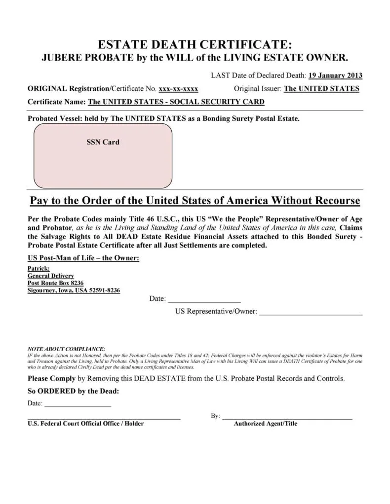 Estate Death Certificate Template