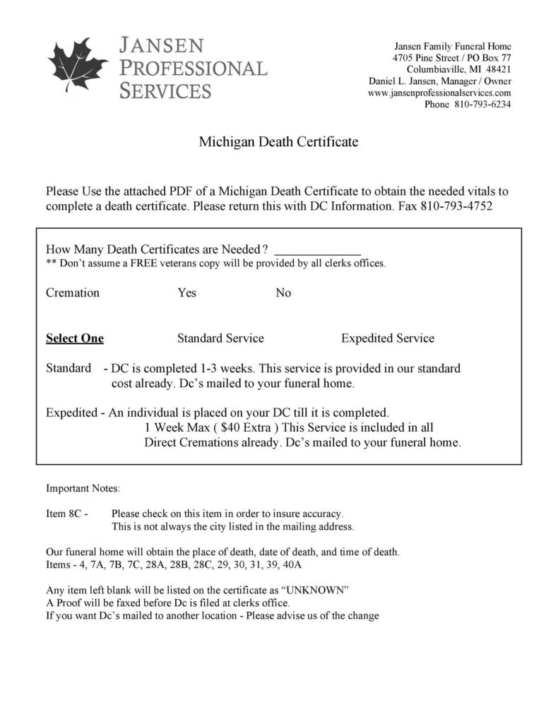 Michigan Death Dertificate Template