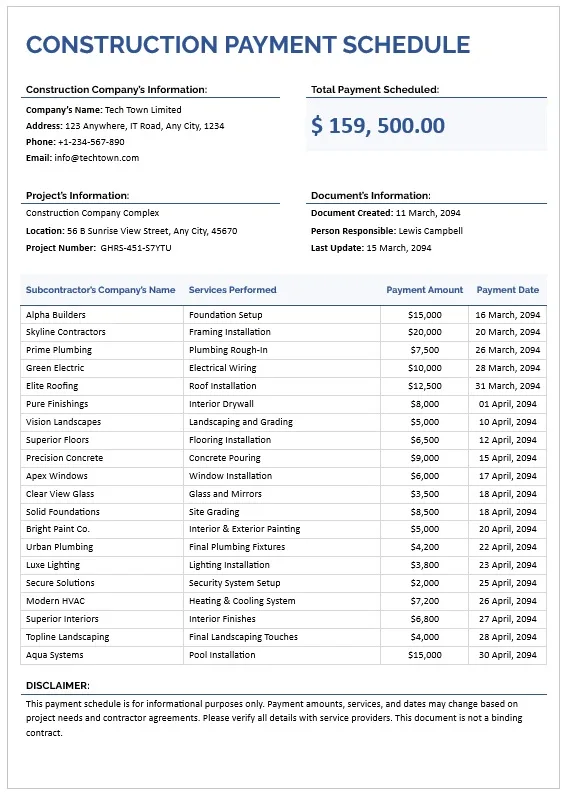 Minimal Construction Payment Schedule Template