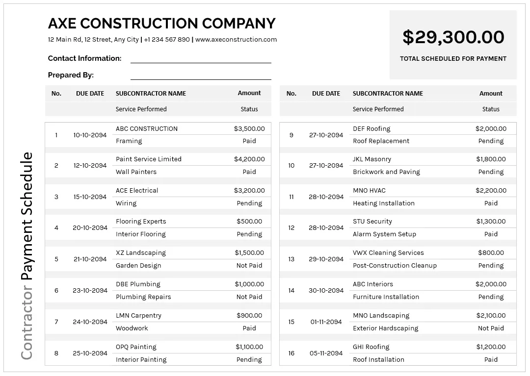 Minimal Contractor Payment Schedule Template