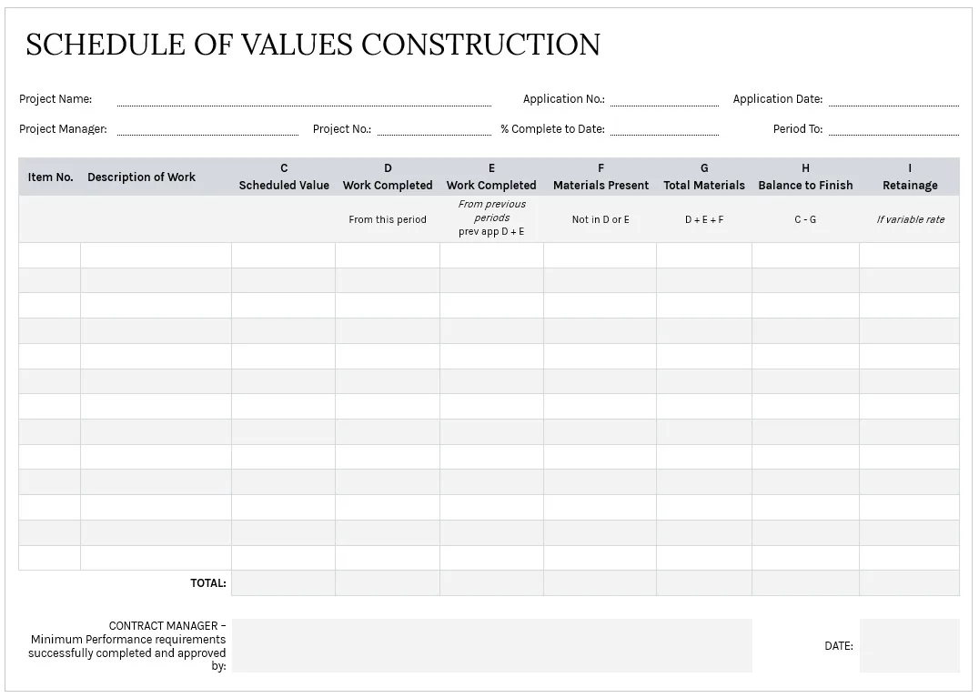 Schedule of Values Construction Template