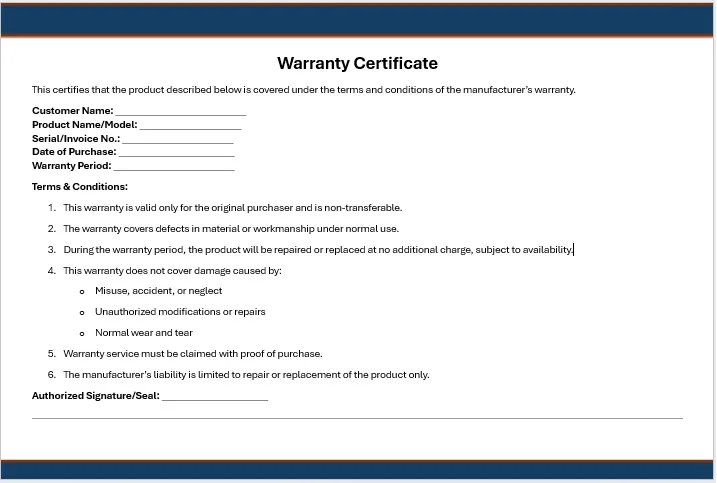 warranty certificate format for equipment