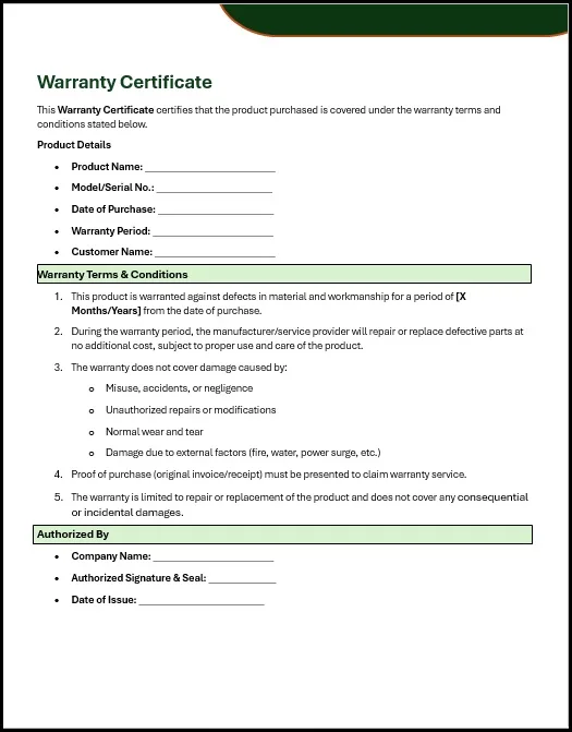 warranty certificate letter format
